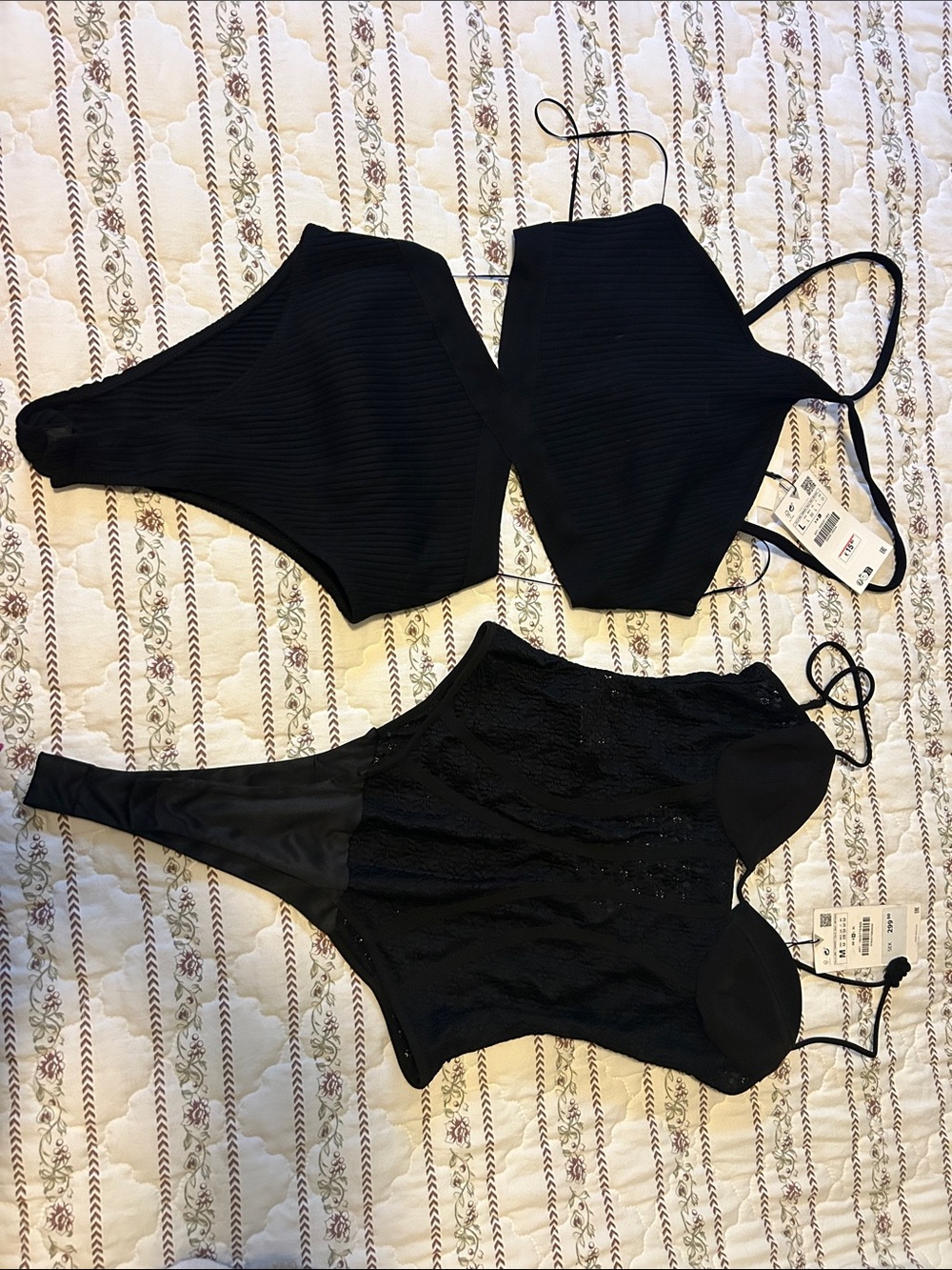 Women's Black Ribbed Halter and Lace Bodysuit Duo